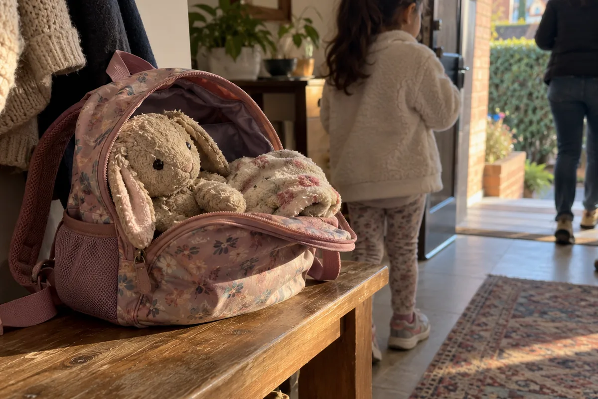 Un conejo de peluche y una cobija dentro de la maleta de una niña, sobre una banca junto a la puerta de la casa