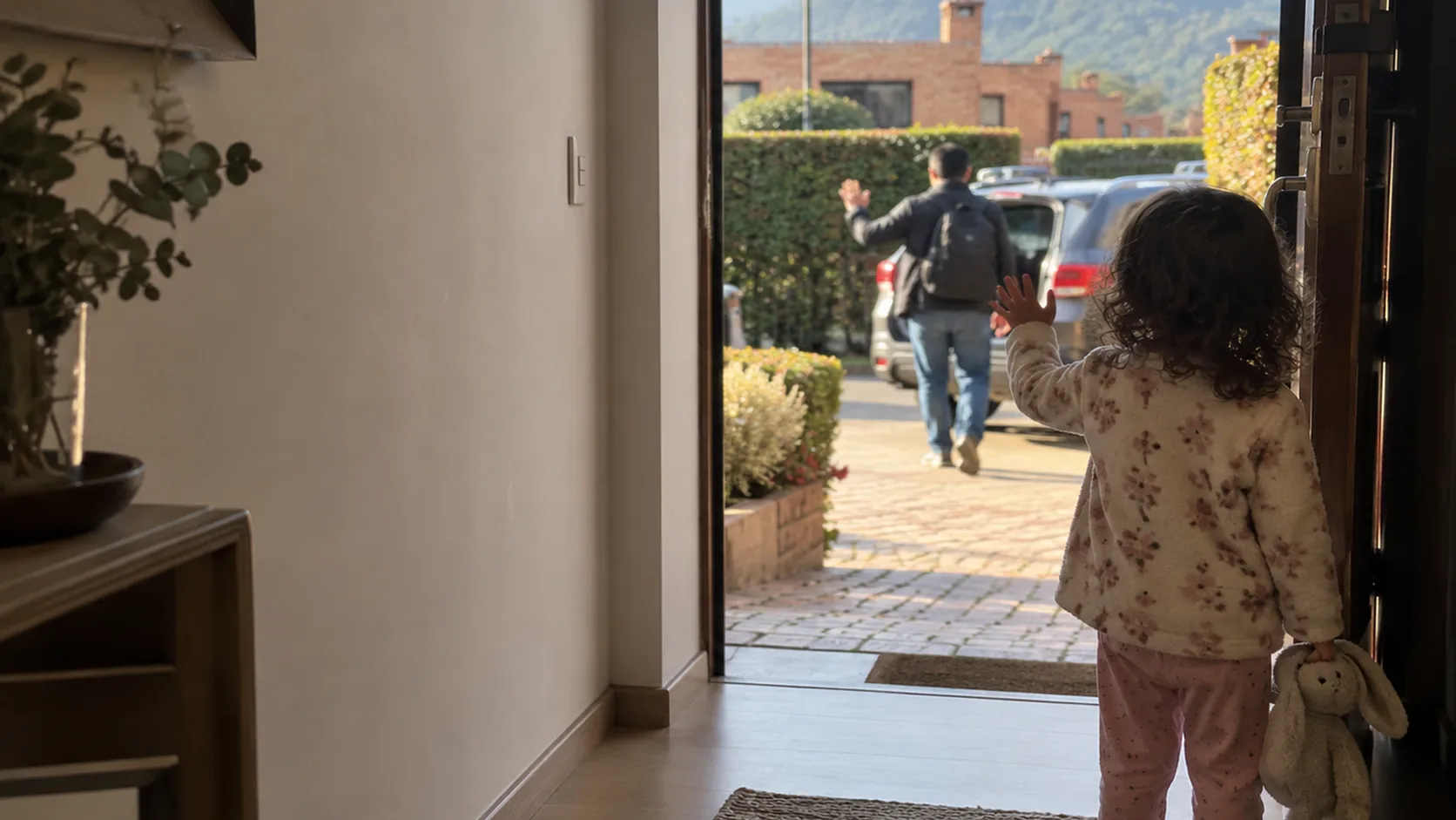 Un niño se despide con la mano desde la puerta de la casa en una mañana cálida