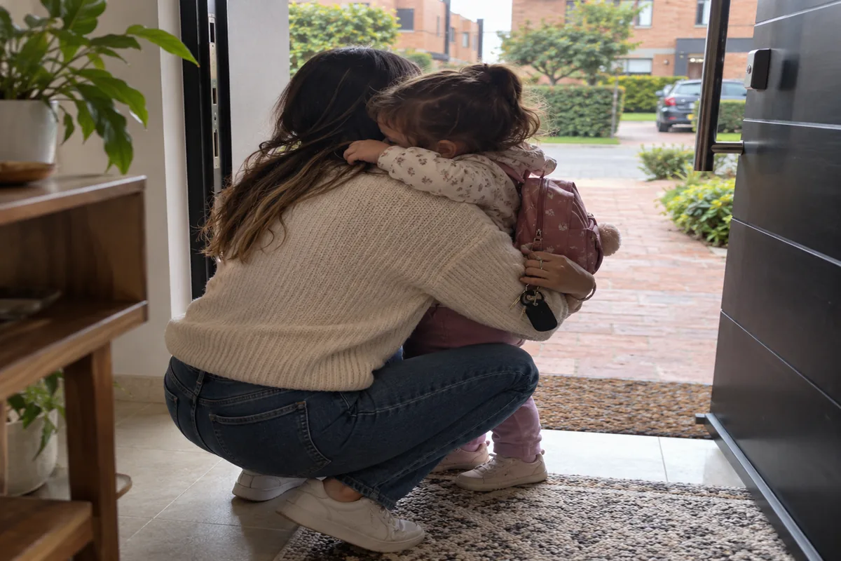 Una mamá agachada abraza a su hija de dos años en la puerta de la casa antes de salir al jardín