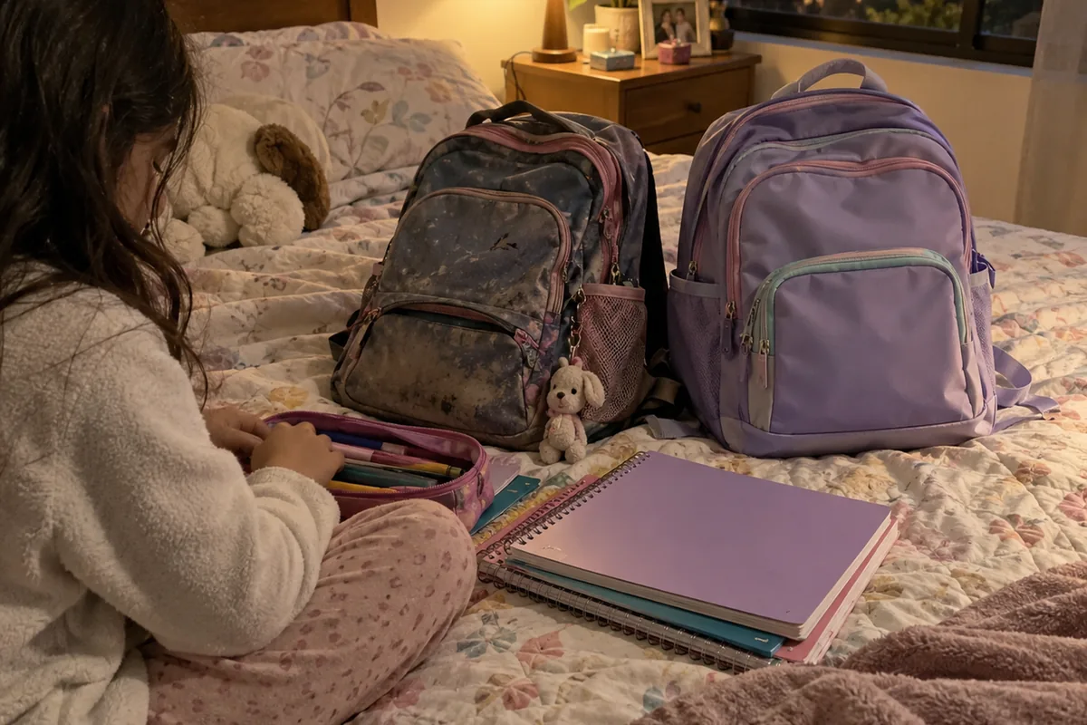 Una niña organiza su cartuchera en la cama, junto a su maleta vieja y la nueva, la noche antes de empezar en un colegio nuevo