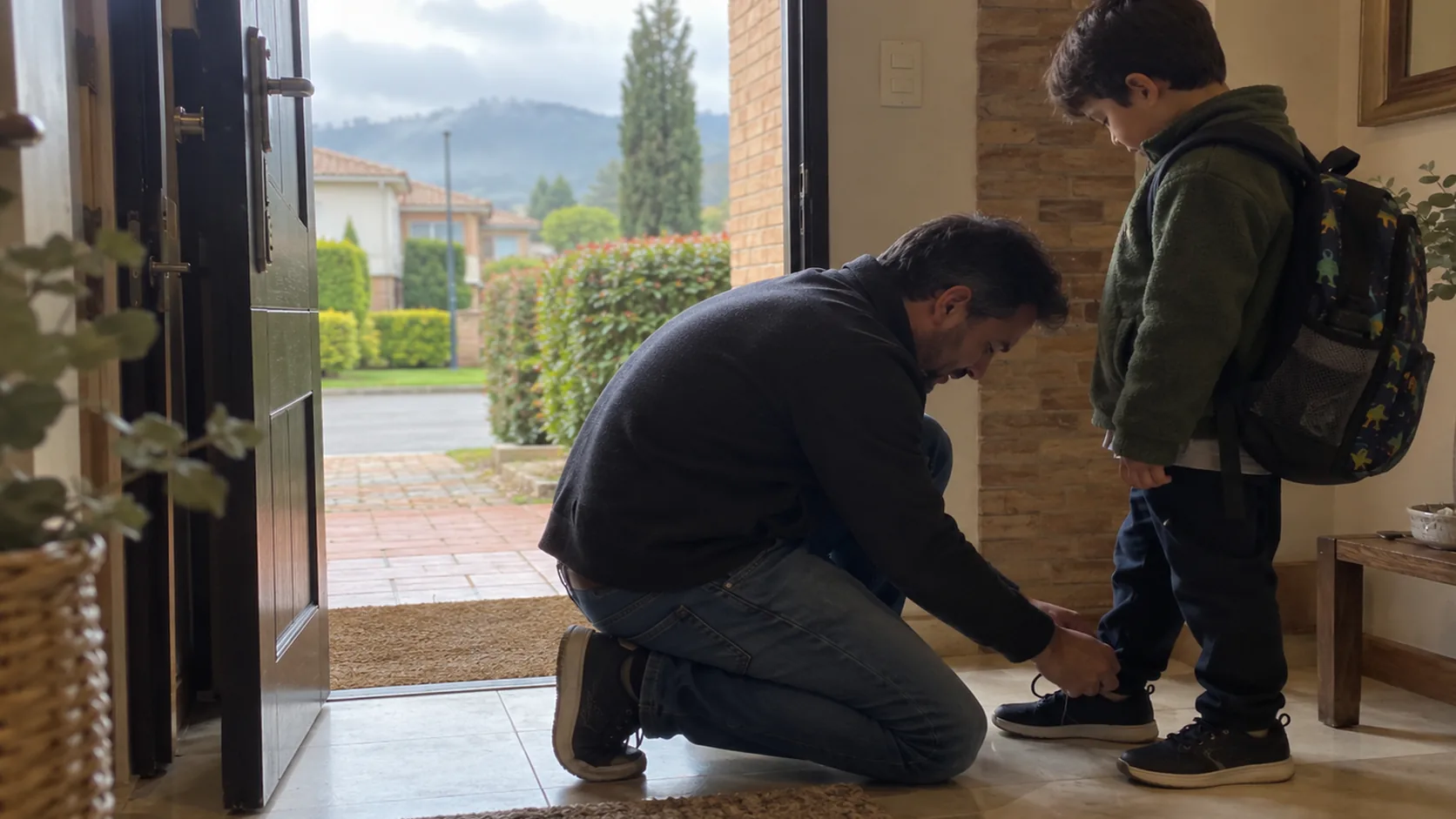 Un papá se agacha a amarrarle los zapatos a su hijo en la puerta de la casa antes de salir al colegio