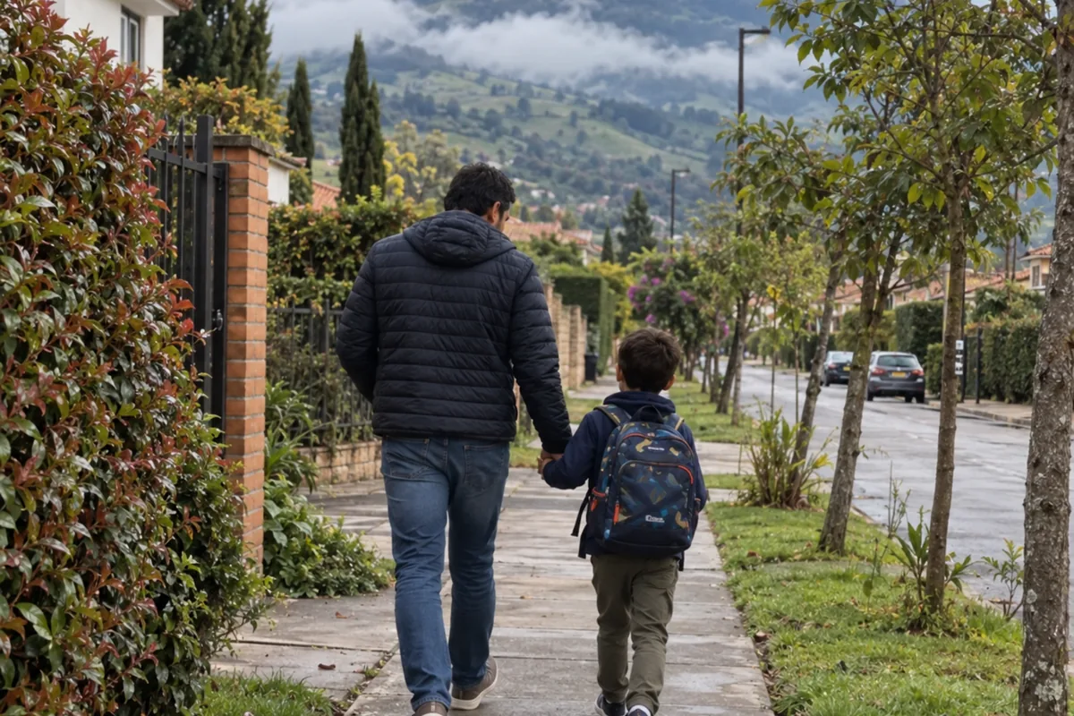 Un papá y su hijo caminan de la mano por una acera arborizada de Cajicá en la mañana, el niño con su maleta