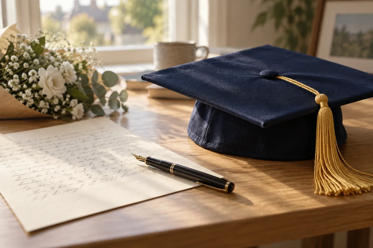 Birrete azul con borla dorada sobre una mesa de madera junto a una carta escrita a mano, para un discurso de graduación de primaria