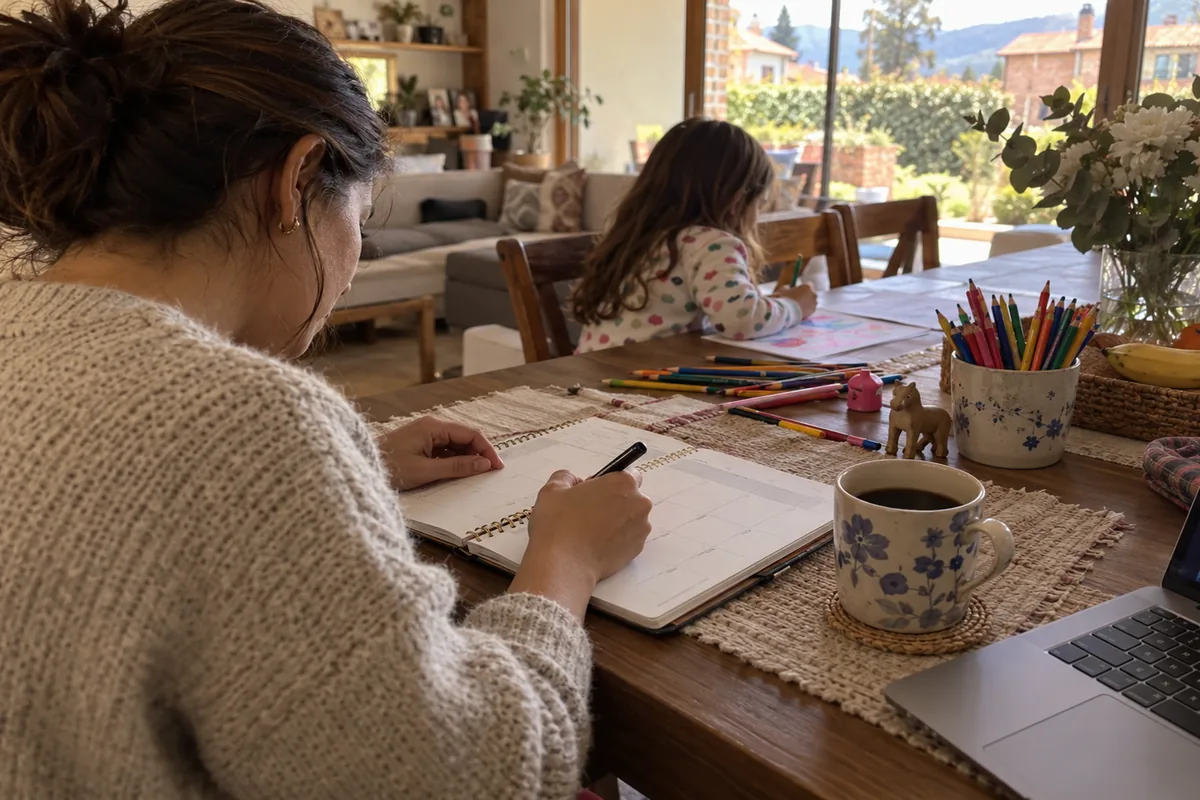 Una mamá escribe fechas en su agenda en la mesa del comedor mientras su hija colorea al fondo
