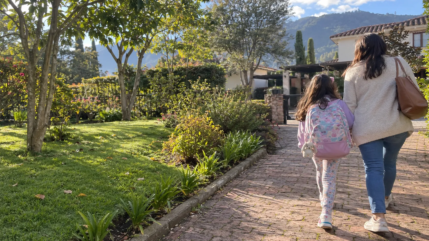 Una mamá y su hija caminan juntas por un sendero de jardín en una mañana soleada de enero, la niña con su maleta