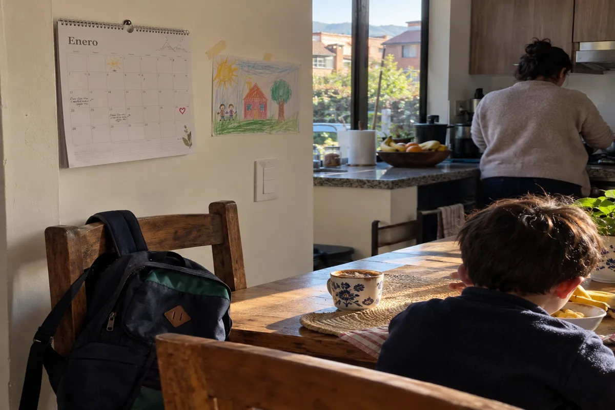 Calendario de pared en enero en la cocina de una casa, junto a un dibujo infantil, mientras un niño desayuna y su mamá cocina