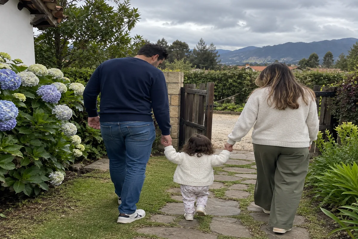 Un papá y una mamá caminan de la mano de su hijo de dos años por un sendero con hortensias hacia la reja de un jardín