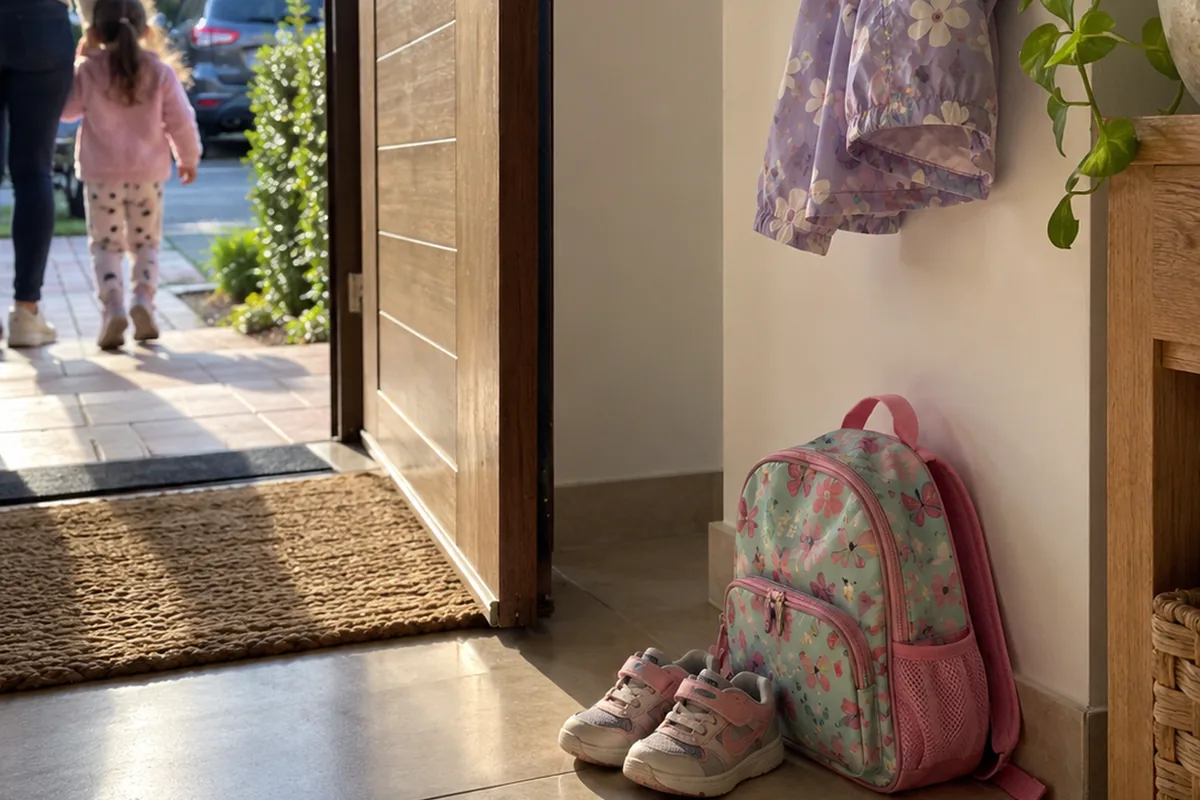 Unos tenis y una maleta de niña junto a la puerta de la casa, mientras ella sale de la mano de su mamá
