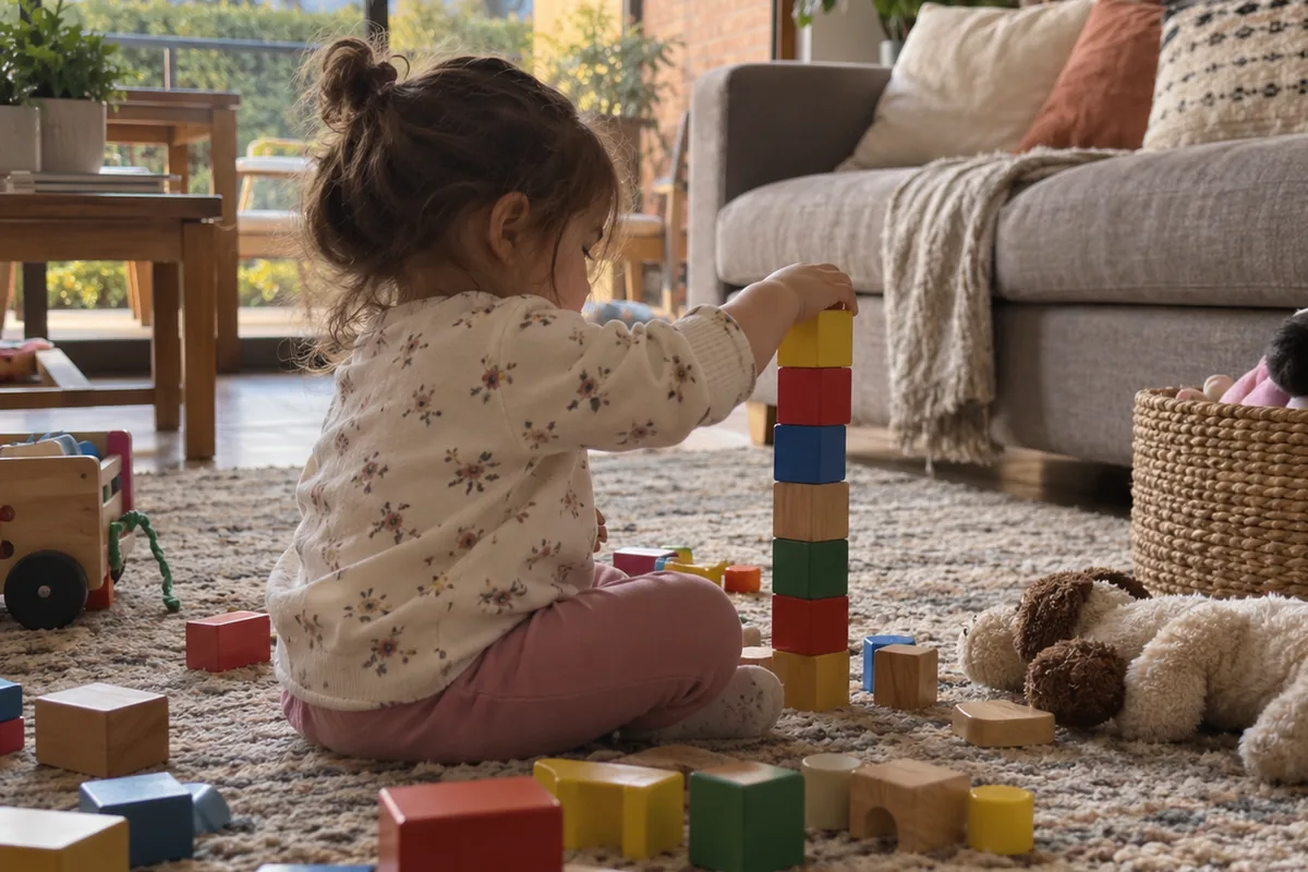 Una niña de unos dos años arma una torre de bloques de madera en el tapete de la sala de su casa
