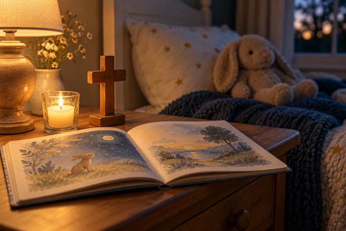 Vela encendida junto a una cruz de madera y un libro ilustrado abierto sobre la mesa de noche de un niño