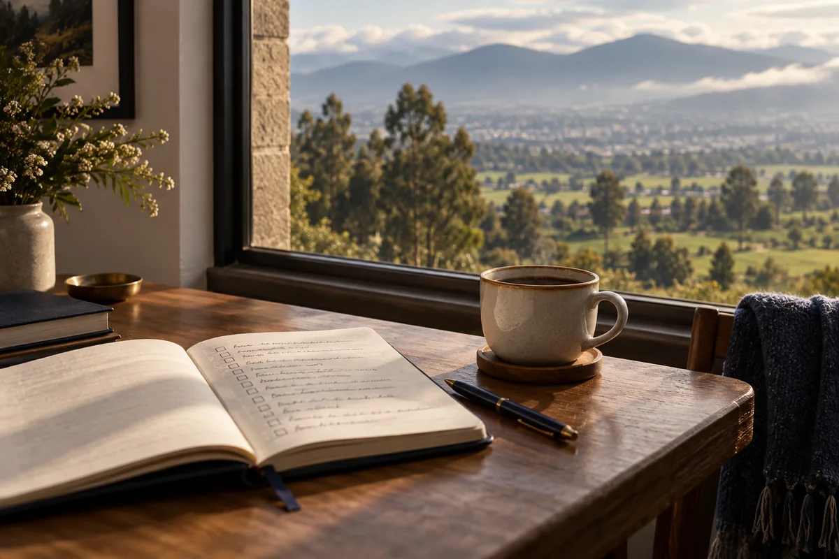 Cuaderno abierto con una lista escrita a mano, un bolígrafo y una taza de café junto a una ventana con vista a montañas verdes
