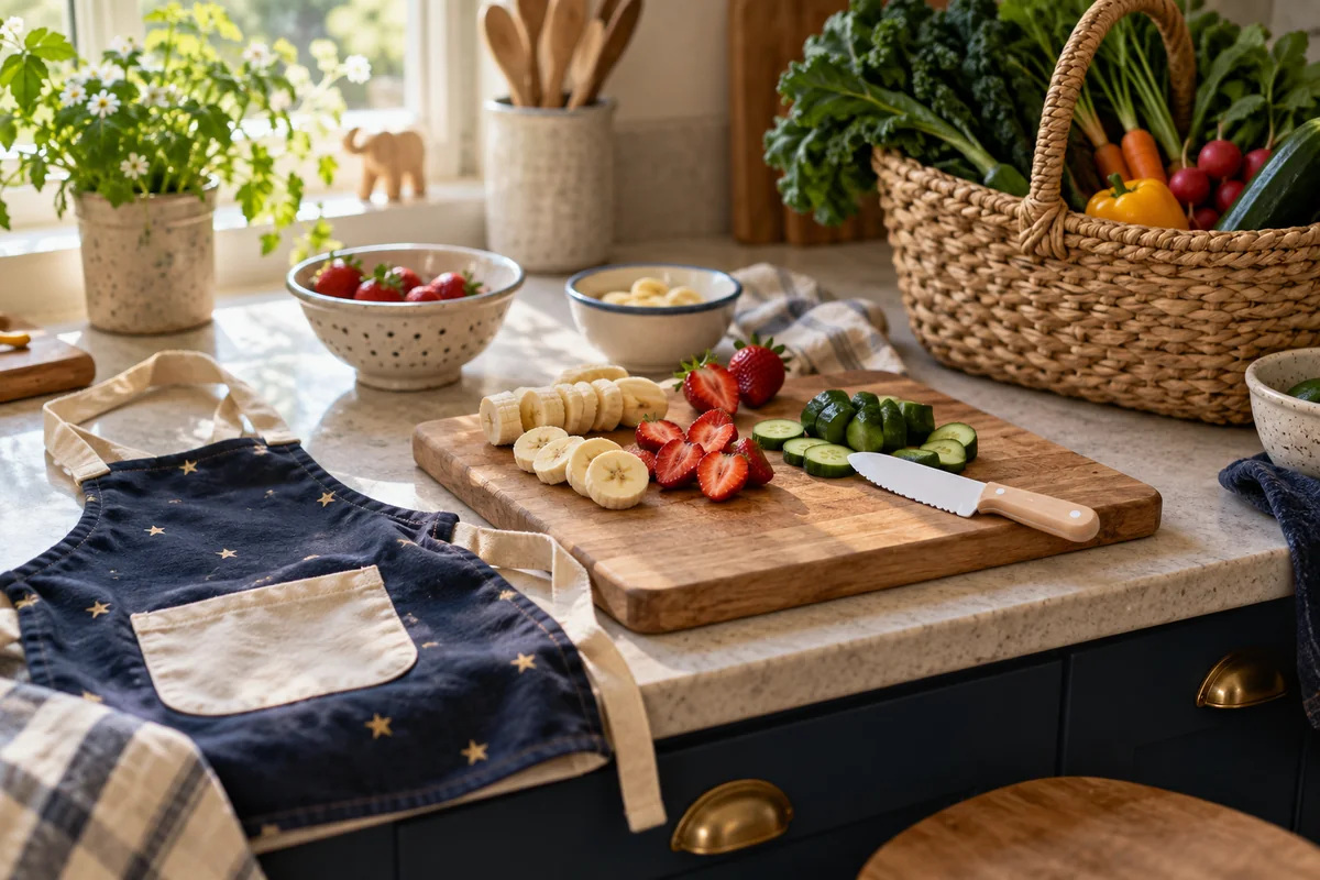 Mesón de cocina listo para cocinar con niños: delantal de niño, tabla de picar con banano, fresas y pepino, y una canasta con verduras