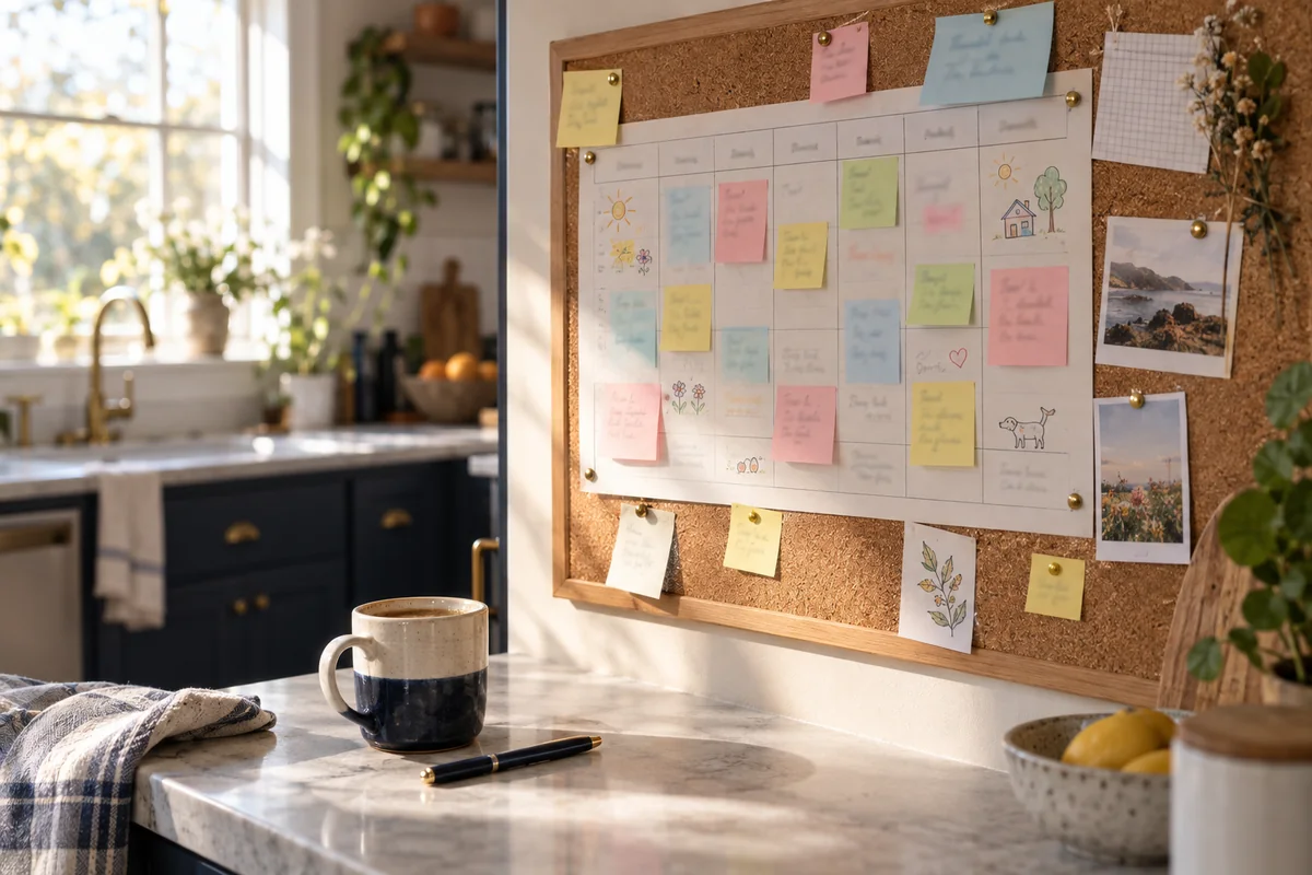 Tablero de corcho con un plan semanal de la familia, notas adhesivas de colores y dibujos, junto a una taza de café