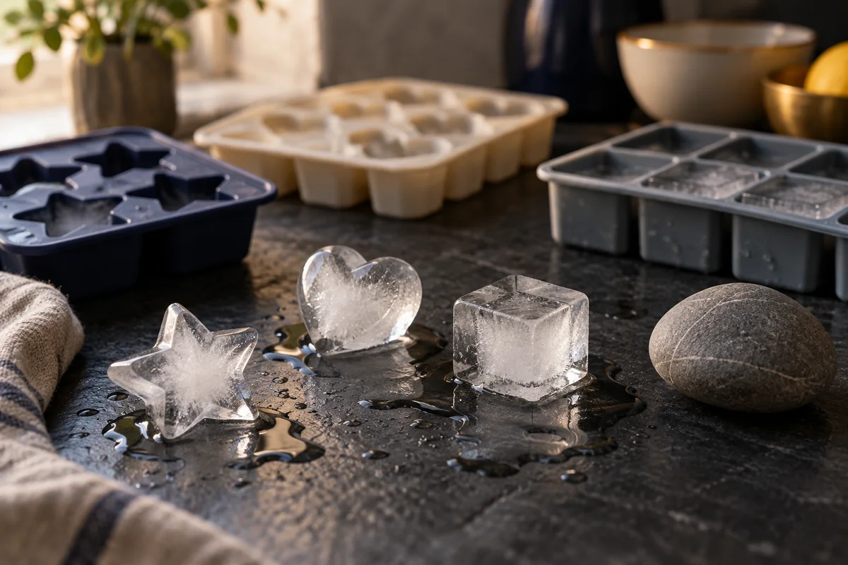 Moldes de hielo con forma de estrella, corazón y cubo sobre un mesón de pizarra, con hielos derritiéndose junto a una piedra gris intacta