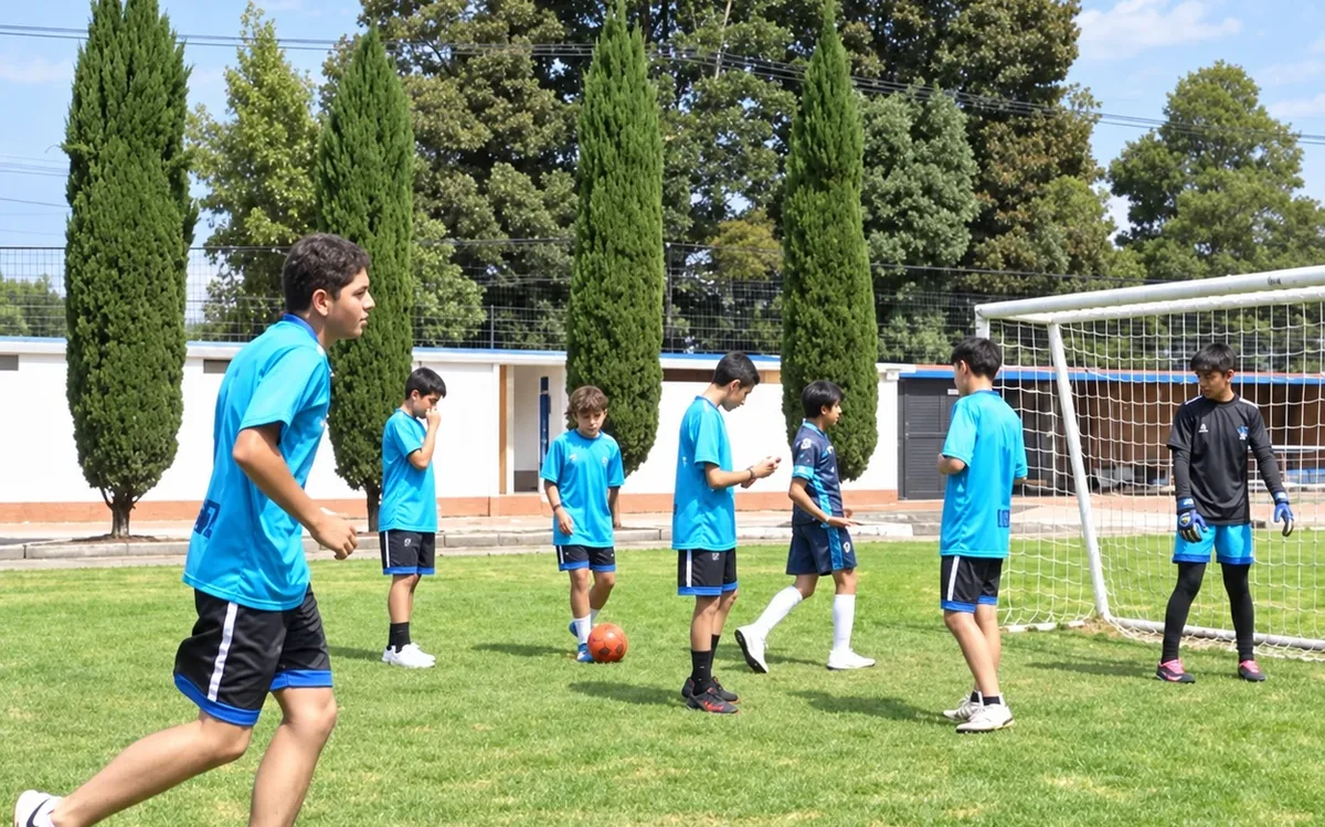 Estudiantes de secundaria jugando fútbol en el campo de la sede Chía