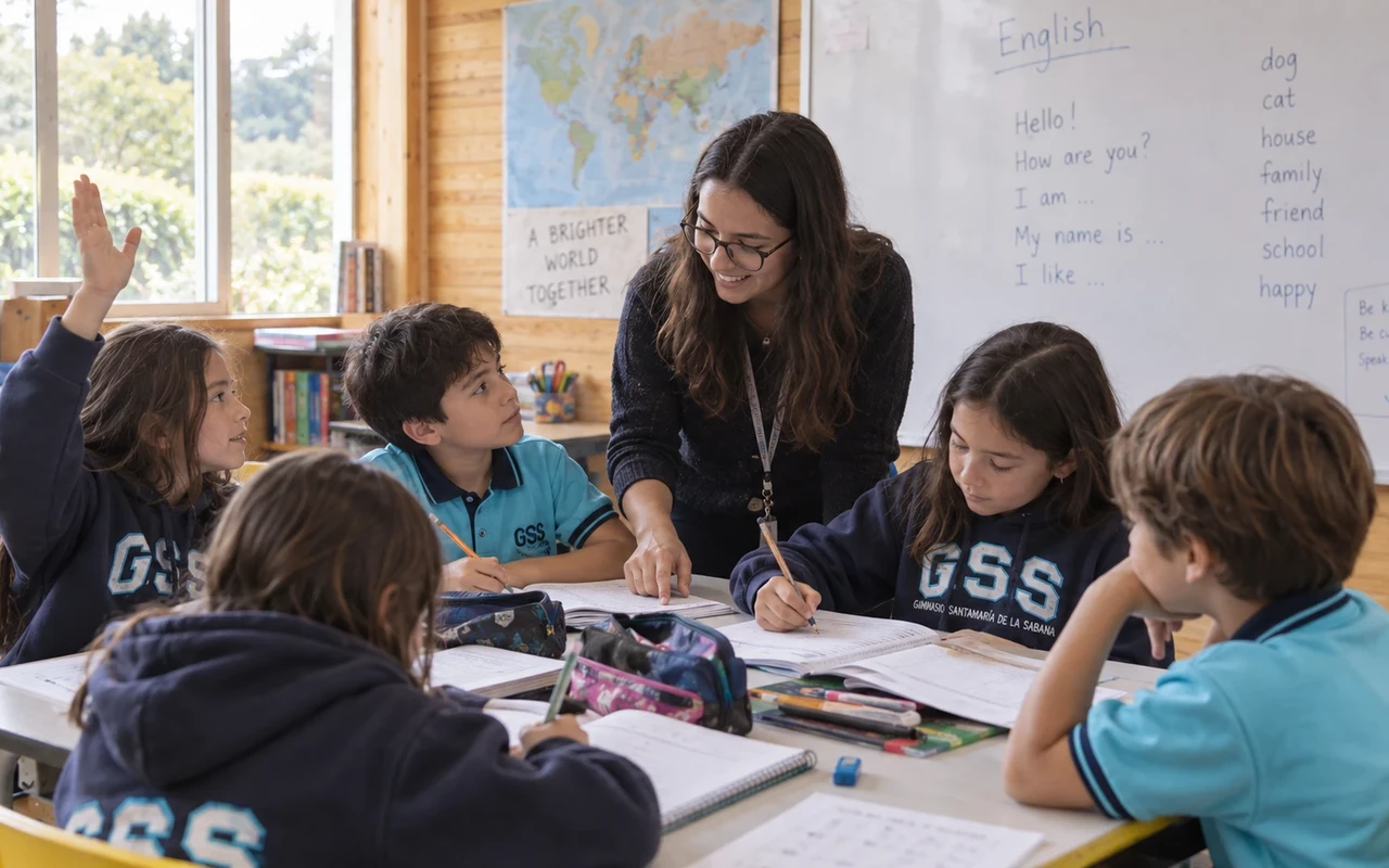 Clase de inglés en primaria: la profesora acompaña al grupo mientras una niña levanta la mano, con el tablero en inglés al fondo