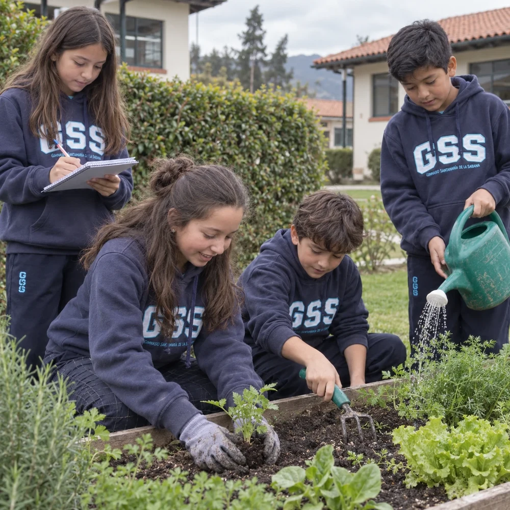 Cuatro estudiantes en la huerta del colegio: una toma notas mientras los demás siembran y riegan